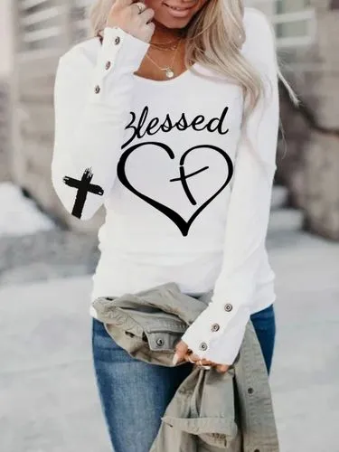 Women's T-shirt Long Sleeve T-shirts Printing Casual Cross Letter Heart Shape