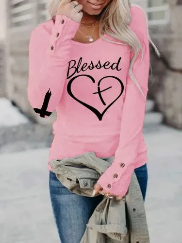 Women's T-shirt Long Sleeve T-shirts Printing Casual Cross Letter Heart Shape