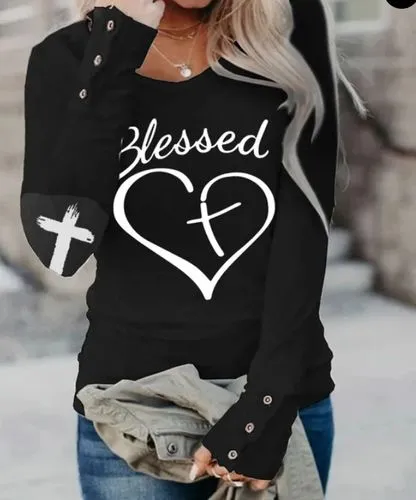 Women's T-shirt Long Sleeve T-shirts Printing Casual Cross Letter Heart Shape