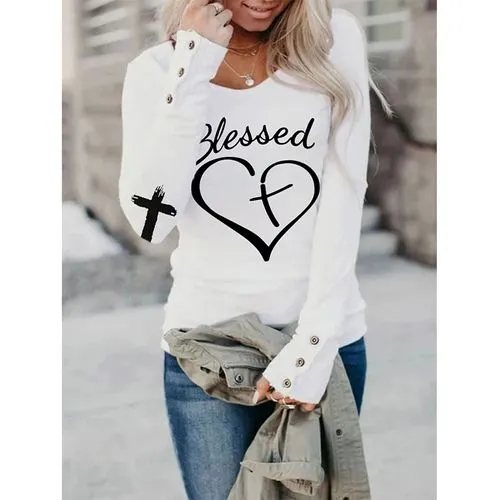 Women's T-shirt Long Sleeve T-shirts Printing Casual Cross Letter Heart Shape