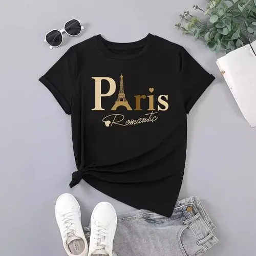 Women's T-shirt Short Sleeve T-Shirts Casual Eiffel Tower Letter