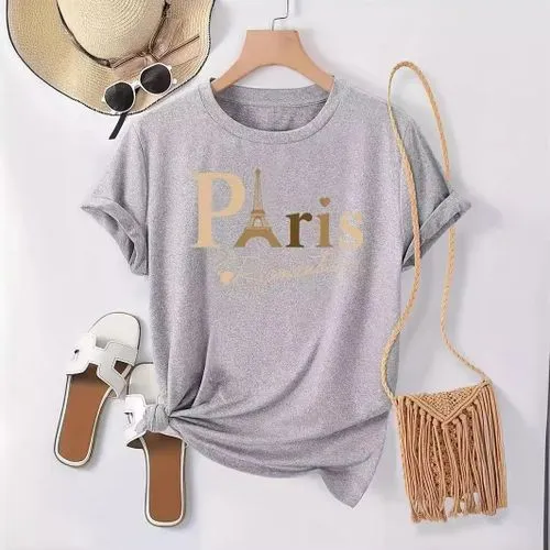 Women's T-shirt Short Sleeve T-Shirts Casual Eiffel Tower Letter