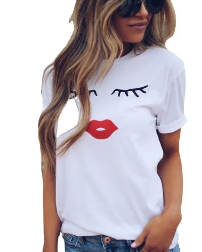 Women's T-shirt Short Sleeve T-shirts Printing Casual Lips Eyelashes