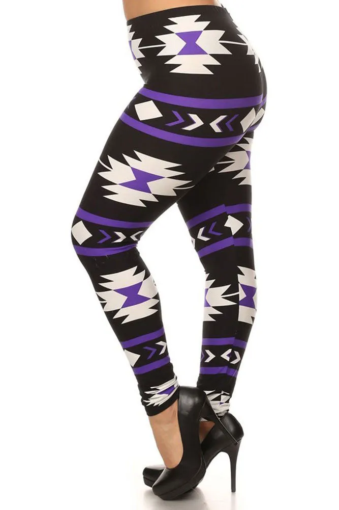 Women's Plus Aztec and Stripe Pattern Print Leggings