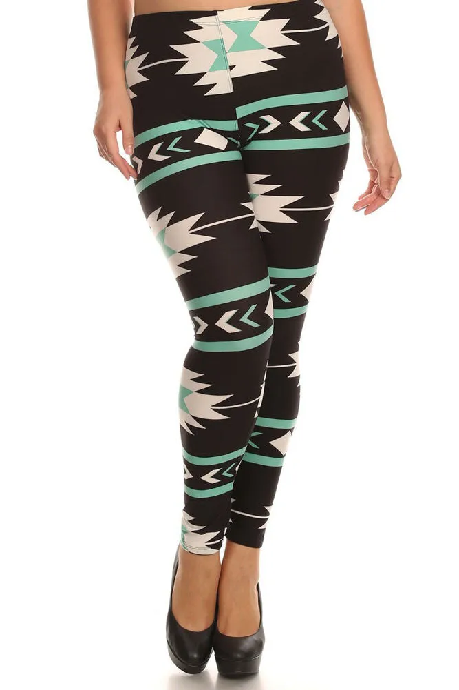 Women's Plus Aztec and Stripe Pattern Print Leggings