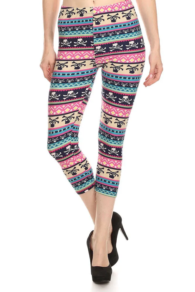 Women's Regular Mixed Small Skull Pattern Print Capri Leggings - Blue Magenta Green