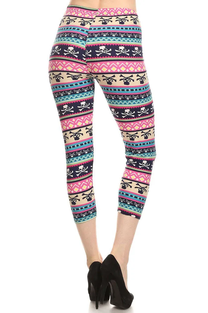 Women's Regular Mixed Small Skull Pattern Print Capri Leggings - Blue Magenta Green