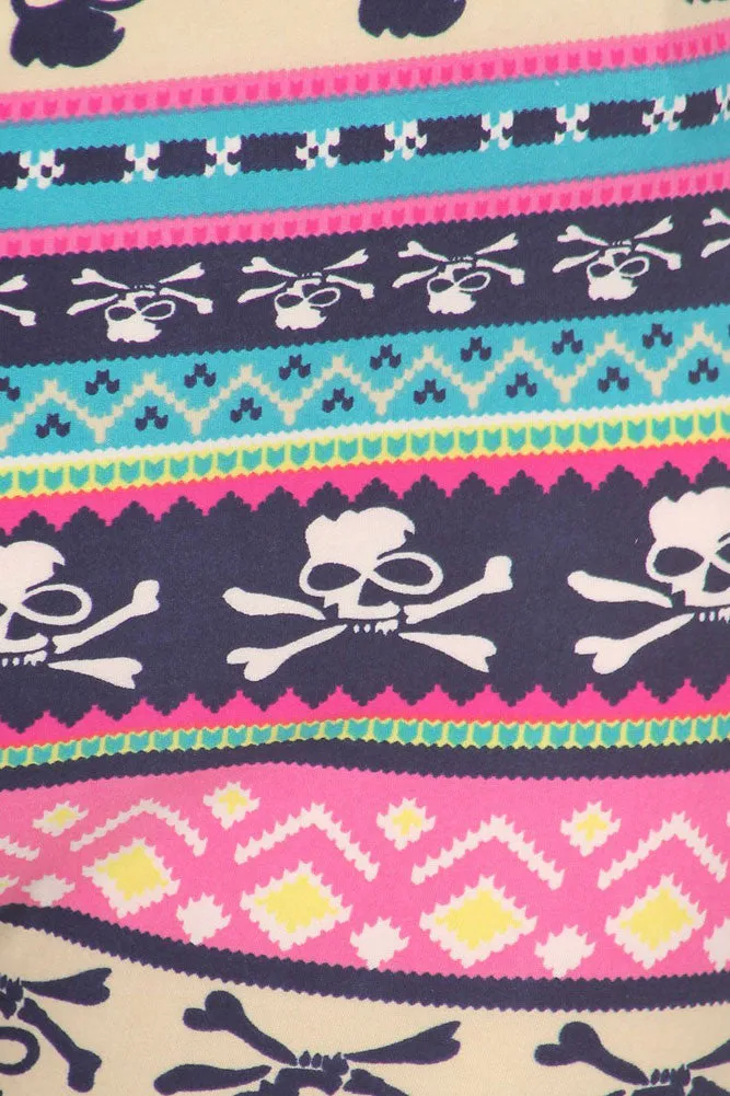 Women's Regular Mixed Small Skull Pattern Print Capri Leggings - Blue Magenta Green