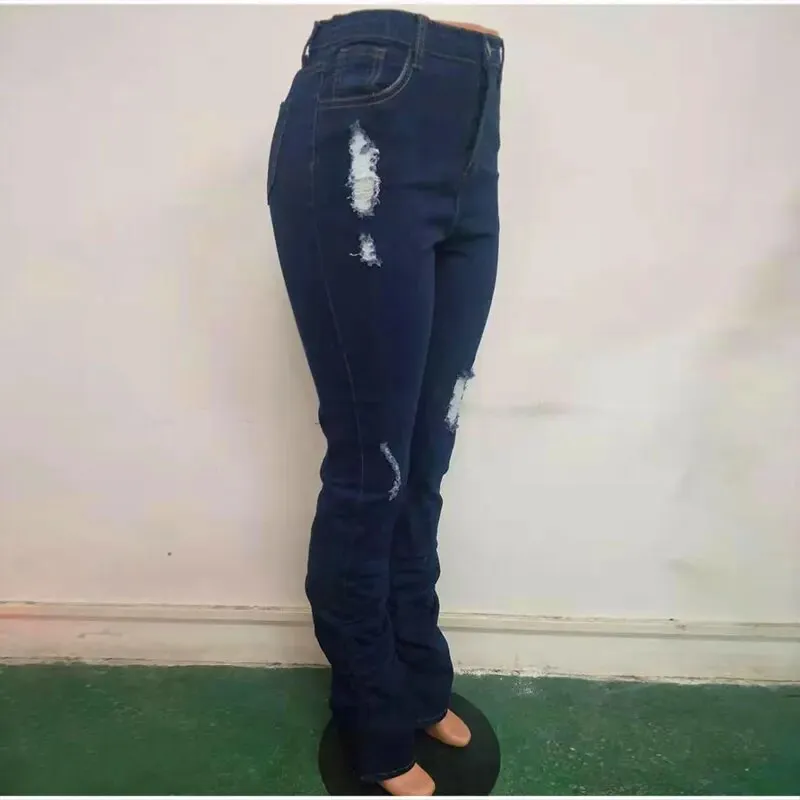 Women's Streetwear Ripped High Waist Full-length Denim Flare Jeans