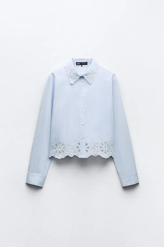 ZARA  |EMBROIDRED PIN TUCK BLOUSE