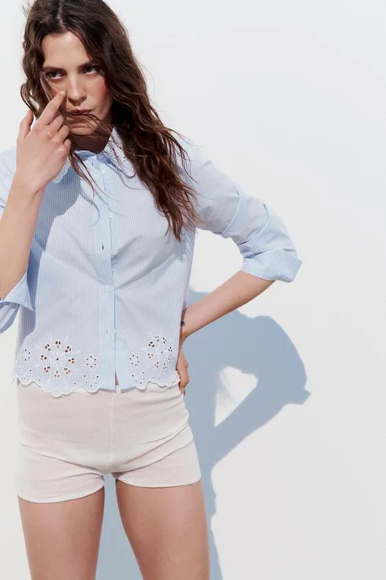 ZARA  |EMBROIDRED PIN TUCK BLOUSE